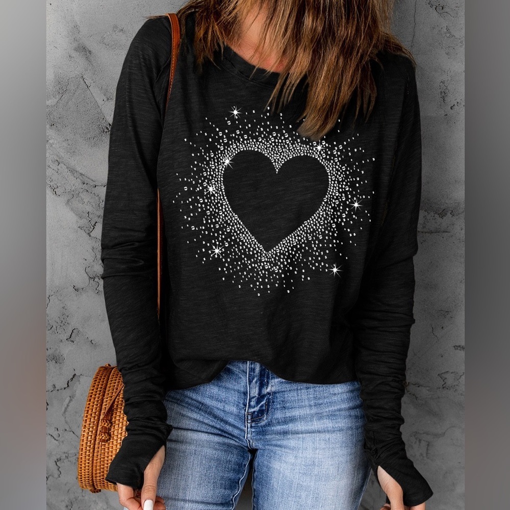 NEW Black Rhinestone Heart Shape Print Long Sleeve Top - Picture 2 of 8
